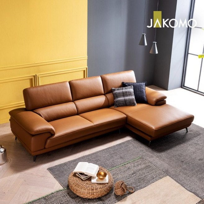 베니 4인 카우치형 천연면피 소가죽 소파, 오렌지, 좌형