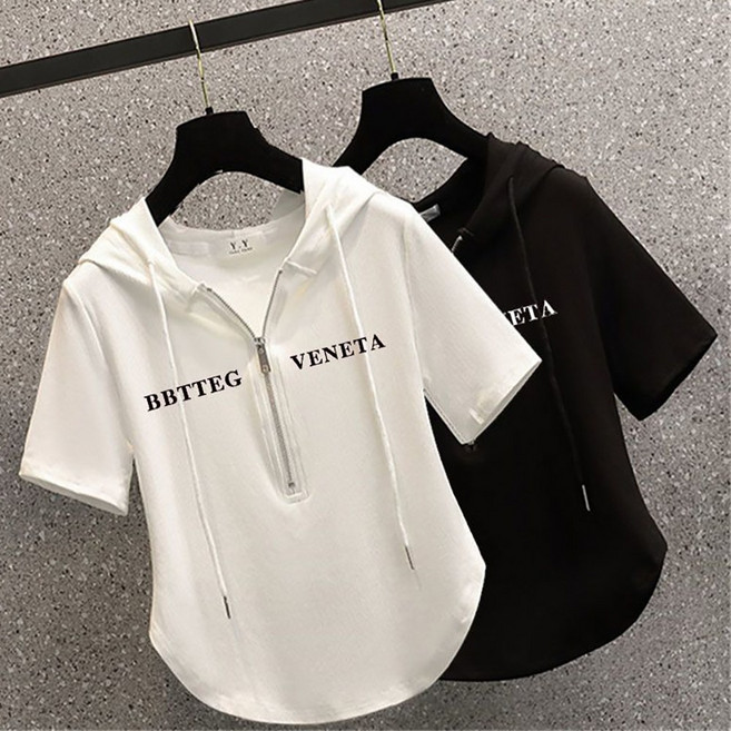 MOSAIRATION 여성 후드 반집업 레터링 프린트 루즈핏 캐주얼 스트링 반팔 티셔츠 M01031203