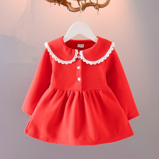 女童加絨燈芯絨娃娃領長袖連身裙 甜美保暖公主洋裝