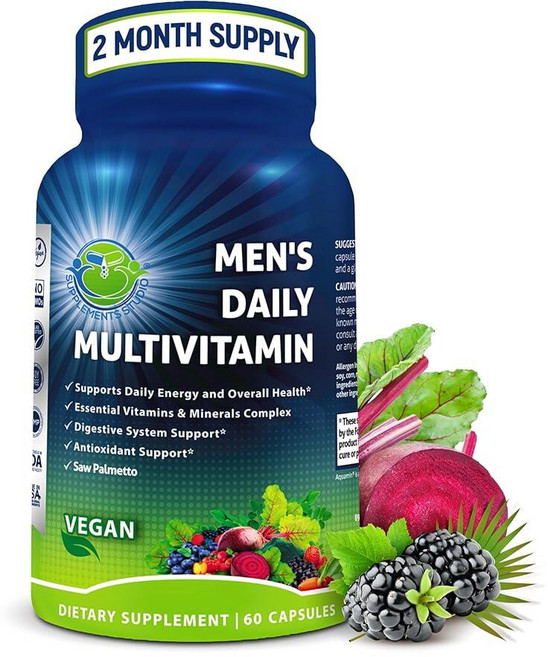 SUP 업plements Studio 서플리먼트스튜디오 여성용 철분이 함유된 데일리 멀티비타민 - 비오틴 유기농 슈퍼푸드 B-복합체 프로바이오틱스 효소가 비건 에너지, Men’s Multivitamin, 60 Count (Pack of 1), 1개, 60