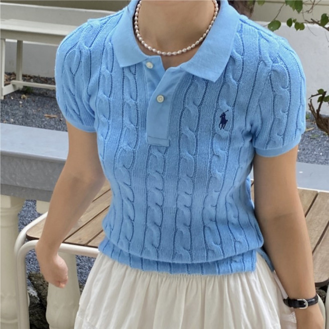 폴로랄프로랜 여성 카라넥 반팔 니트 스웨터 스카이블루