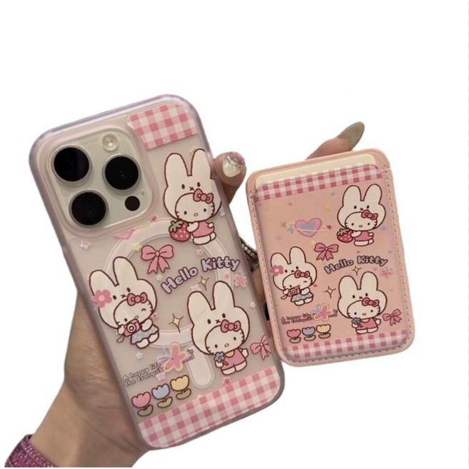 귀여운 토끼 키티 고양이 아이폰14/15/16 케이스 핑크 투명 맥세이프 호환 핸드폰 케이스 + 자석 카드지갑 수납