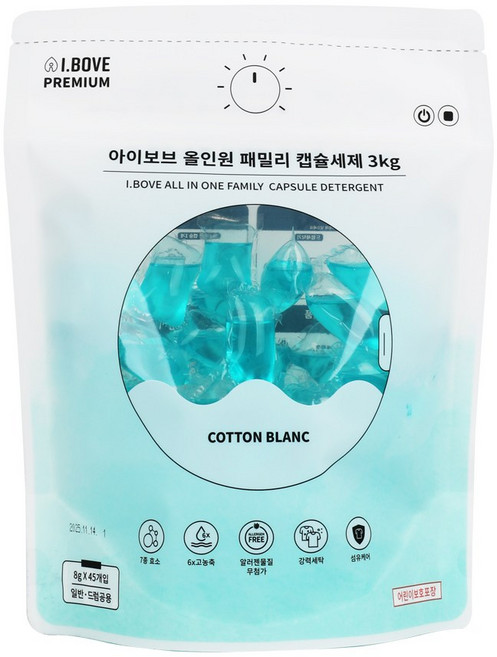 아이보브 프리미엄 코튼블랑 올인원 패밀리 캡슐세제, 45개입, 1개