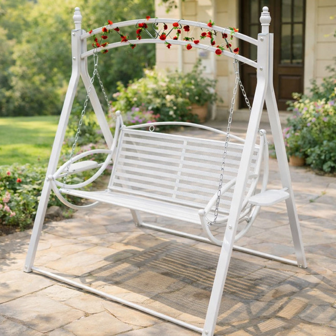 엘라 흔들 그네 의자 테라스 카페 정원 철제, 03. 엘라 철제 2인 그네의자 플러스_화이트