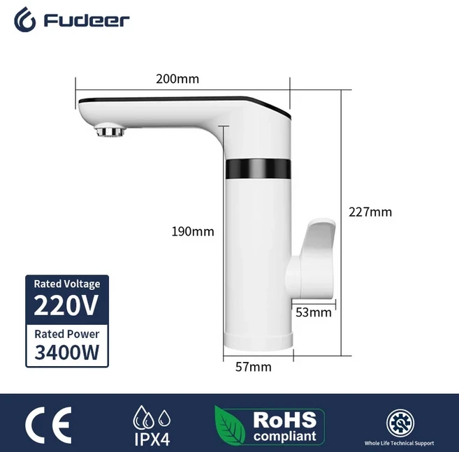 3400W 220V 전기 주방 온수기 탭 인스턴트 뜨거운 스테인레스 스틸 수도꼭지 히터 냉난방 수도꼭지, 02 EU, 08 16D-9B-EU-White