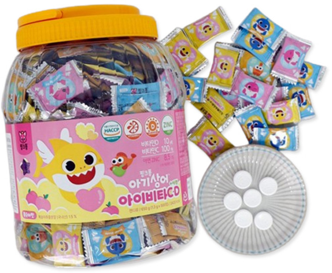 Pinkfong Baby Shark Vita C D+Zn 500정 Kids 자일리톨 복숭아맛 캔디, 1개, 단품