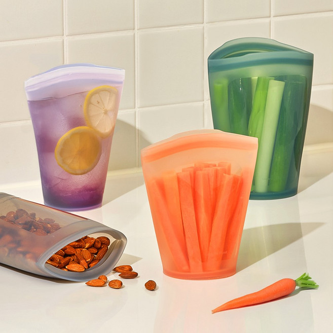 실리콘 컵 지퍼백 3종 세트 실리팟 지퍼백 밀폐용기 실리콘백 냉장고정리 파우치, 컵 지퍼백 3종세트(중+대+컵핏)_로즈핑크, 3개