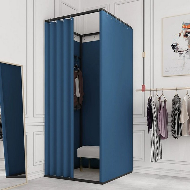 간이탈의실 피팅룸 조립식 커텐 탈의실 옷가게 가림막 매장, 딥블루 두꺼운 린넨 벨벳