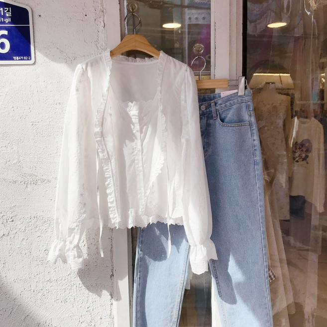 레이어드 펀칭 리본 이중 블라우스