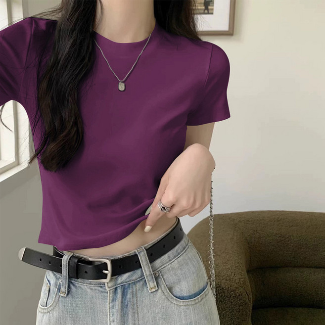 빠뻐을뻔 여성 정어깨 반팔 라운드넥 깔끔 슬림 크롭 티셔츠