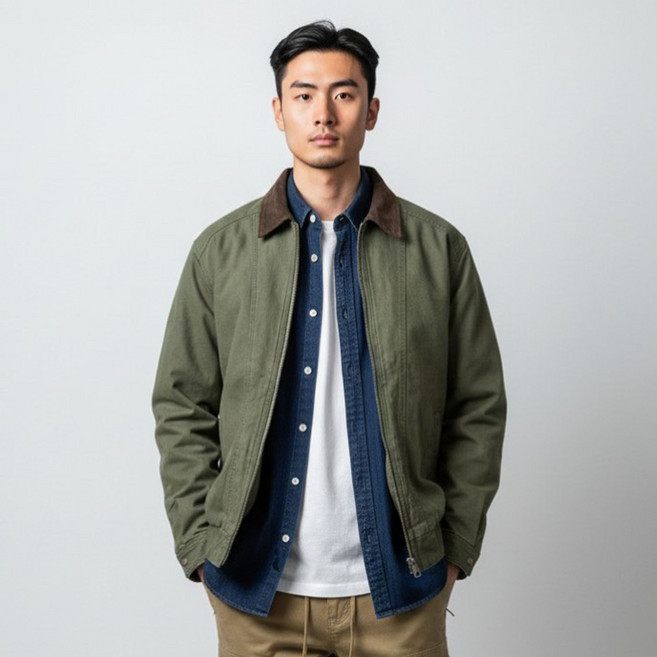 [펜타온] 레귤러 핏 워싱 코튼 코듀로이 칼라 블루종 항공 집업 자켓