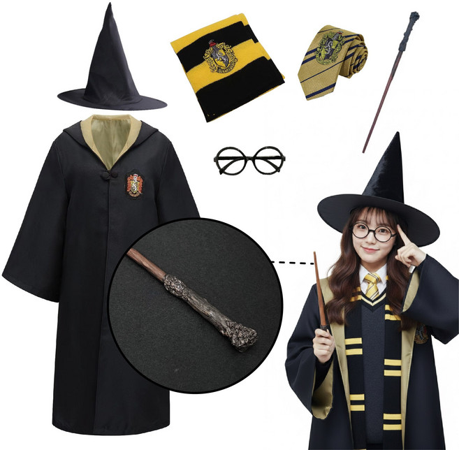 [청춘교복] 고퀄리티 해리포터 지팡이 6종세트 로브+머플러+수동로고타이+안경+지팡이+모자 코스프레 할로윈 마법사 졸사 졸업사진