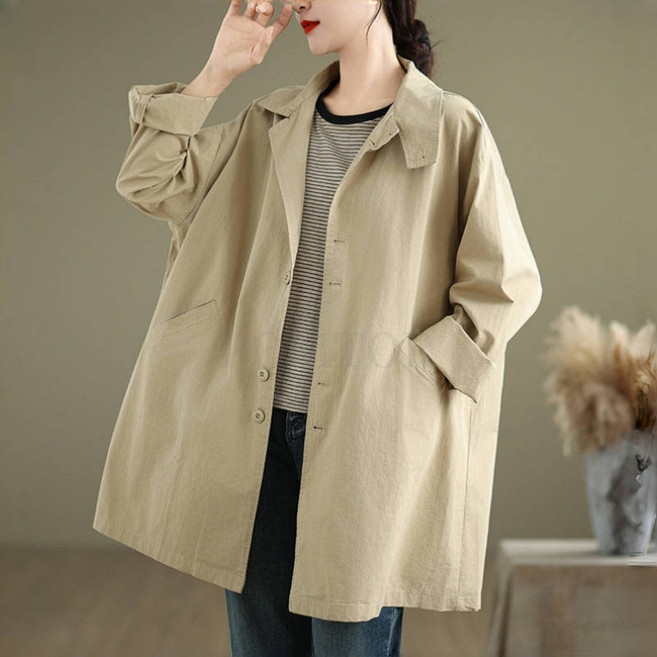 POMTOR 여성 봄가을 간절기 캐주얼 루즈한 빅사이즈 미디 점퍼 긴팔 코트