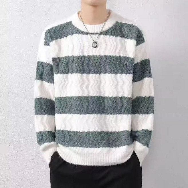 Makone 남성 가을 겨울 라운드넥 니트 티셔츠 스트라이프 심플 스웨터