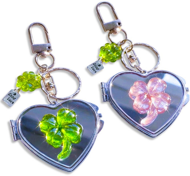 포런포런 행운의 네잎클로버 하트 거울 키링, 2개, 그린&핑크
