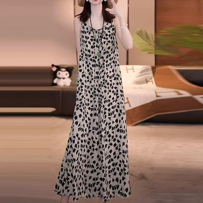 吊帶連衣裙 大碼女裝 過膝長裙子 夏, 花色,XL 建議67.5-80.0公斤, 花色