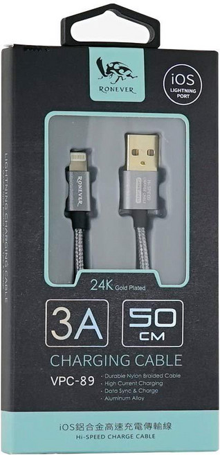 RONEVER 3A 50cm 鋁合金 Lightning 充電線 VPC-89, 1個, 充電線3A鋁合金50CM(ios灰)