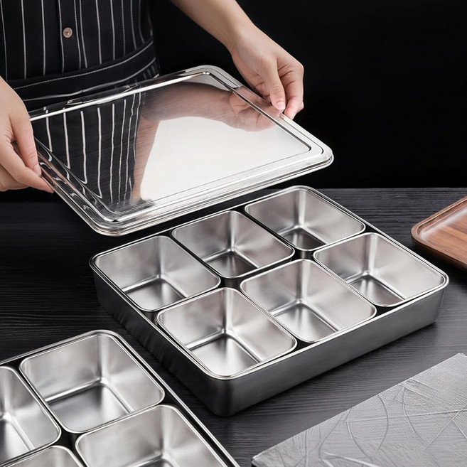 스텐양념통 6칸 뚜겅있는 스텐레스 반찬 냉장고 분리형 식재료 스텐가니쉬통, 1세트