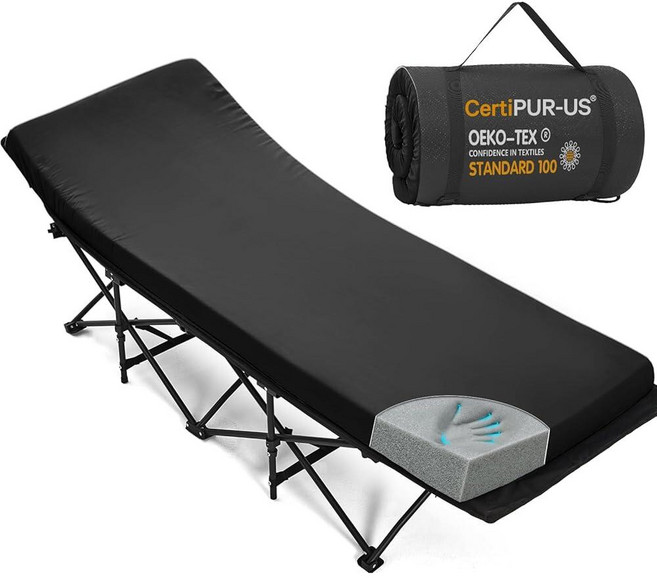 CYMULA 캠핑 침대 매트리스 5.1cm 2인치 메모리 폼 수면 패드 부드럽고 따뜻한 미끄럼 방지 토퍼 성인용 고정 포함 여행용 휴대용 롤업 브라운 190.5cm x 76.2, 블랙