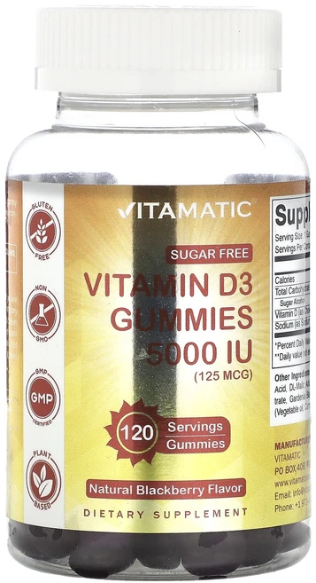 Vitamatic 무설탕 비타민D3 구미젤리 천연 블랙베리 125mcg(5000IU) 구미젤리 120개, Vitamatic무설탕비타민D3구미젤리천연블랙베리125, 1개 - 쿠팡