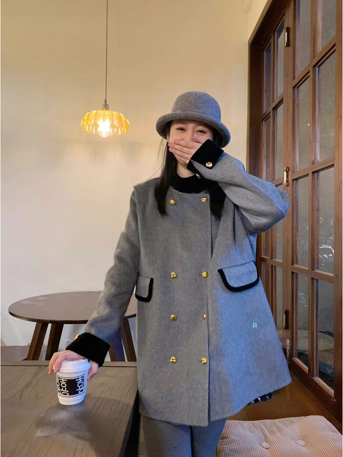 梨卡 女裝毛呢大衣 雙排扣設計感外套 寬鬆顯瘦保暖秋冬款