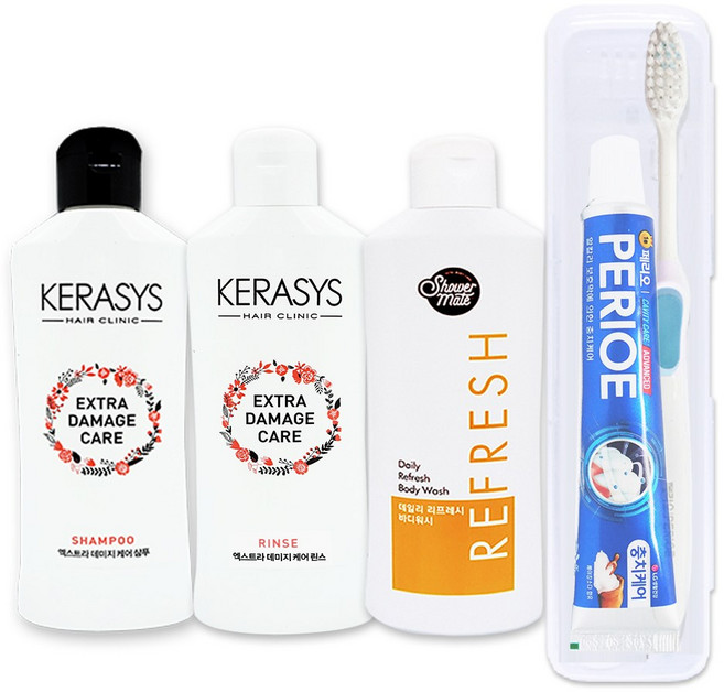 애경 여행용 휴대용 헬스 세트 5종 샴푸 린스 바디 치약 칫솔, 1세트