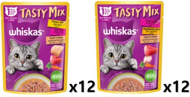 위스카스 1세 이상 고양이 테이스티믹스 베스트 믹스 습식사료 닭고기 참치와 당근 in 그레이비 + 참치 게맛살과 당근 in 그레이비, 닭, 70g, 24개 - 쿠팡