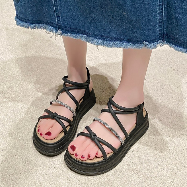 厚底水鑽涼鞋, 黑,38