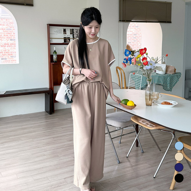 디테일웨어 여성 디바 배색 반팔 투피스 세트 빅사이즈 상하세트 임부복 홈웨어 밴딩 와이드팬츠 꾸안꾸룩 여름세트