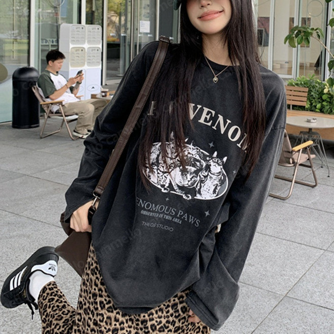 cammello 힙냥이 블랙 워싱 오버핏 긴팔 티셔츠 빅사이즈 면티 박스티 긴팔티