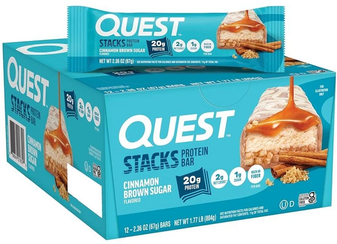 Quest Nutrition 퀘스트 뉴트리션 스택스 단백질 바 솔티드 캐러멜 20g 4개입 단백질보충제, 12개(1팩), Quest 시나몬 브라운 슈가, 20, 4 - 쿠팡