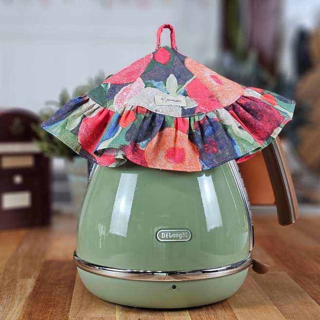 홈수니 커피포트 커버 원형 플레이팅 매트 린넨, 명화플라워 레드