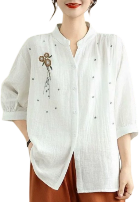 Makone 여성 스탠드넥 린넨 자수 캐주얼 트랜드 데일리 빈티지 블라우스