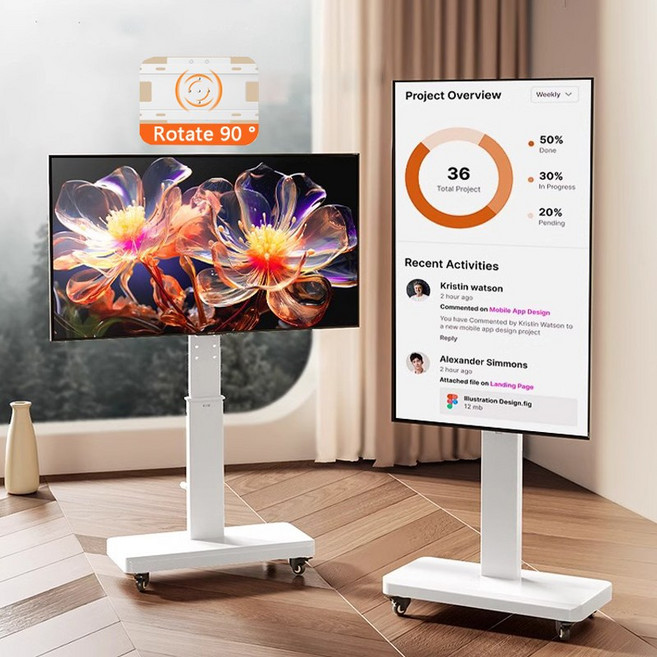 회전식 TV 스탠드 32-65인치 이동식 TV 거치대 90KG 하중 360도 회전 바퀴가 티 비 거치대, 1개, 하얀색