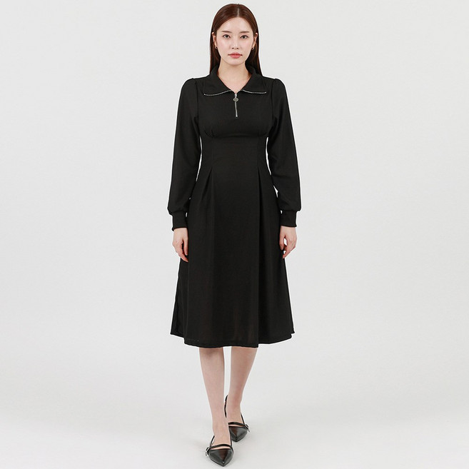 엘쏘 탄탄 와플원단 허리 핀턱 반집업 플레어 긴팔 롱 원피스 빅사이즈 포함