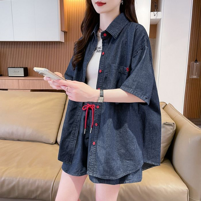 여성 데님 투피스 세트 반팔 셔츠 반바지 루즈핏 상하세트 여름 데일리 코디