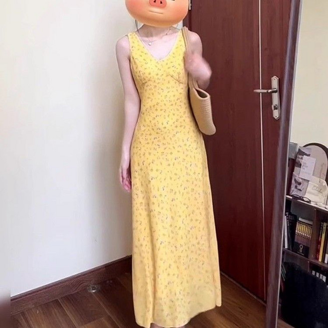 黃色吊帶碎花連衣裙, 1個, 黃色【度假風/簡約百搭】XL