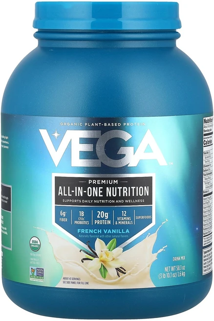 Vega 유기농 식물 기반 단백질 프리미엄 올인원 뉴트리션 프렌치 바닐라 맛 (3lb 10.1oz), 분말, 1.6kg, 1개 - 쿠팡
