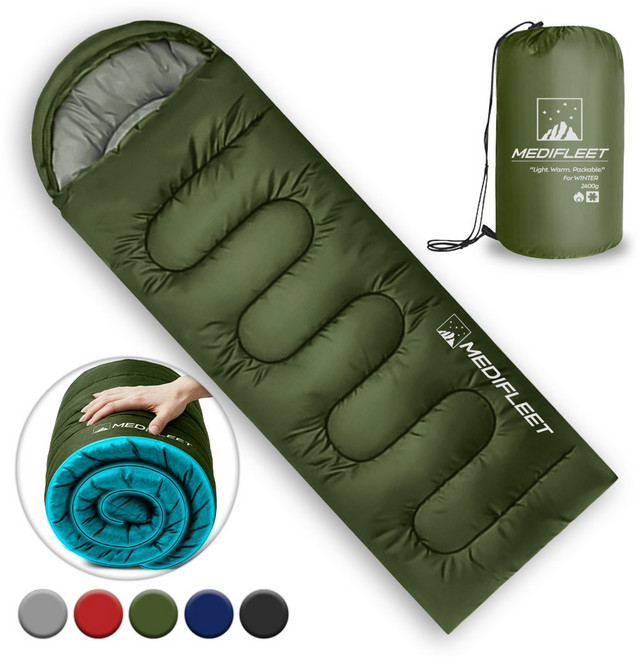 메디플릿 겨울용 머미형 야외 캠핑 침낭 + 수납가방, 1개, 올리브 카키 (2400g)