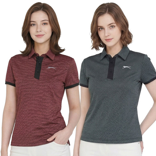 슬레진저 1+1 여성 헤링본 스판 카라 반팔 티셔츠