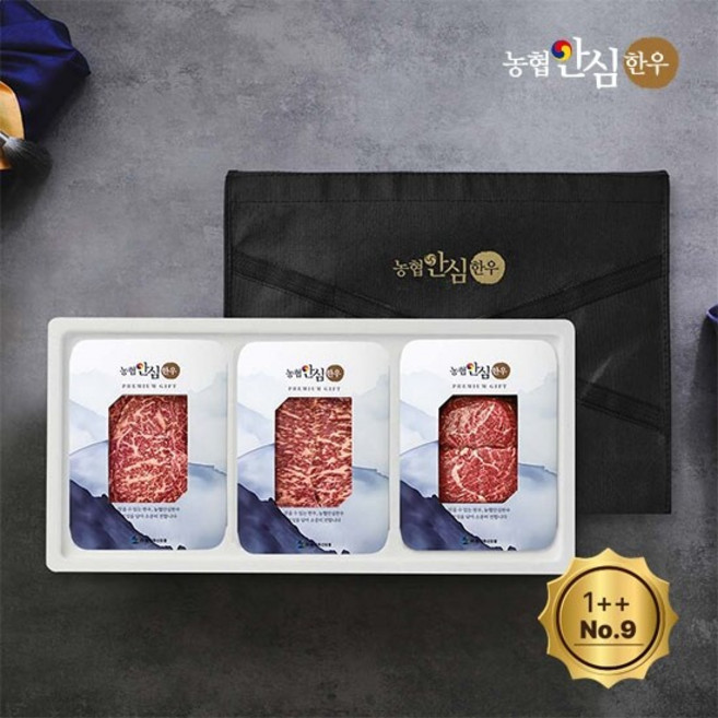 [농협안심한우] 1++등급(No9) 한우 구이정육선물세트 800g (등심300g+채끝300g+국거리200g), 1세트