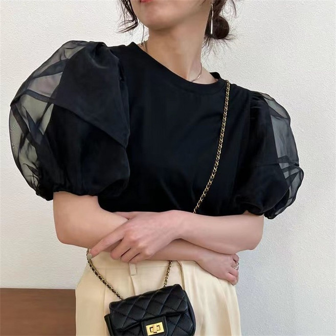 해피유통 여성 퍼프소매 오간자 볼륨 디자인 여리핏 데일리 캐주얼 반팔 블라우스