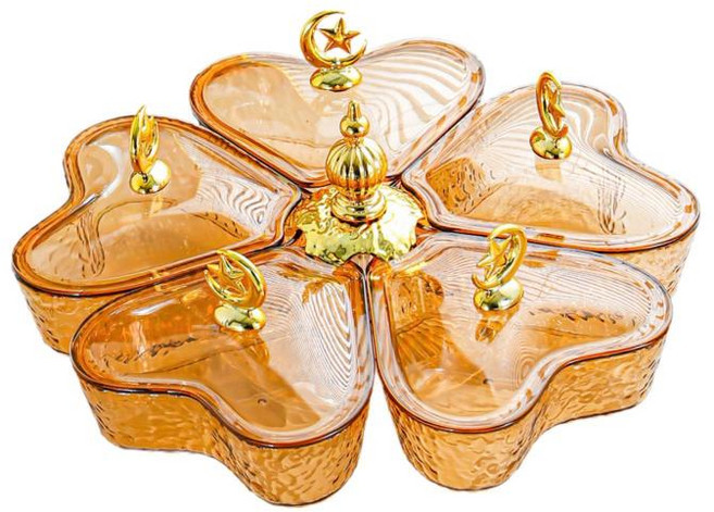 GHSHOP 하트 모양 5칸 회전식 스낵 트레이 사탕 디저트 과일 견과류 등을 담을 수 있는 접시, 28.5x28.5x11.5cm, ABS, 갈색 별 달