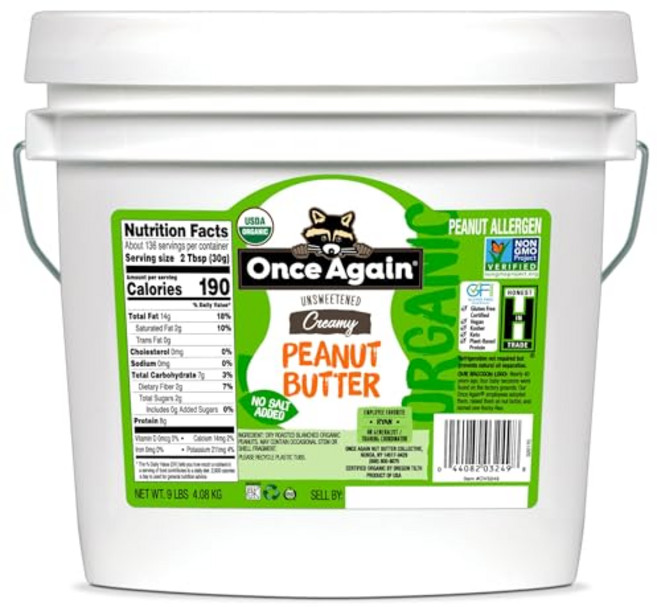 Once Again Organic Creamy Peanut Butter 9lbs (same as 9 jars) - Salt Free Unsweetened - USDA Org, 1개, 4.08kg