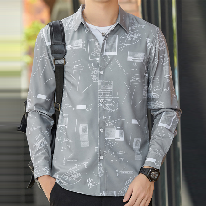 TKX 남성 긴팔 캐주얼 셔츠 심플 그래픽 프린트 디자인 데일리 오버핏 베이직 남자 봄 여름