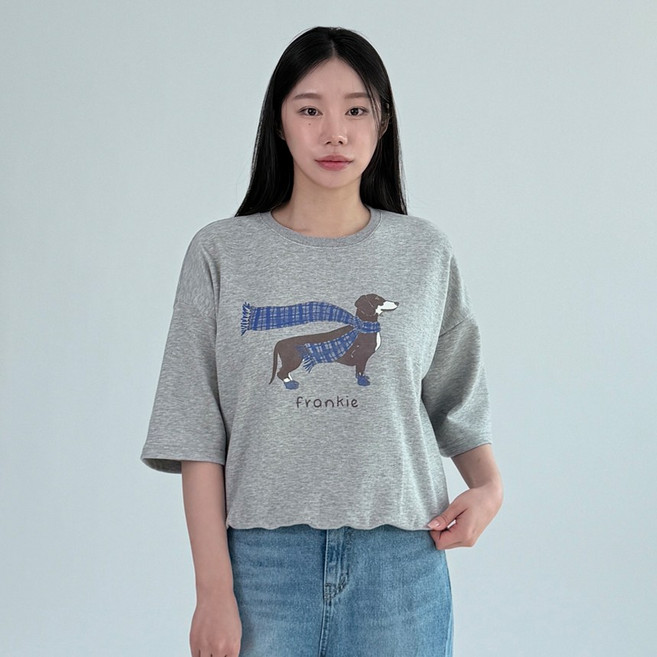 체크 머플러 도그 캐쥬얼 7부 소매 반팔 맨투맨 티셔츠