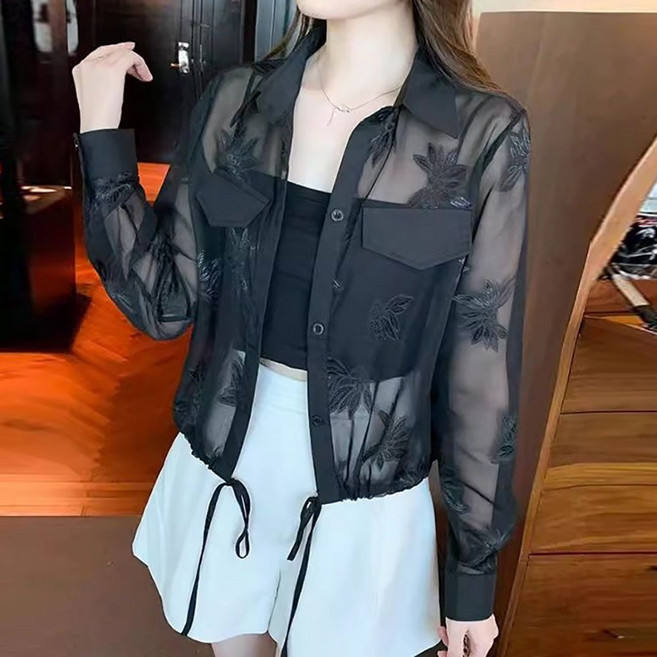 ROYALBELLE 여성 자수 디테일 카라넥 자외선 차단 자켓 얇음 긴팔 시스루 자켓 E01030214