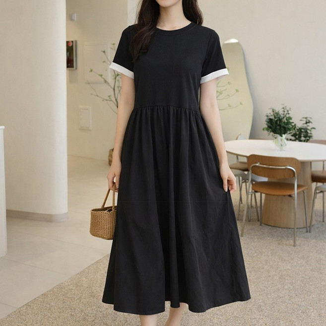 바이누아 심플배색 플레어 반팔원피스
