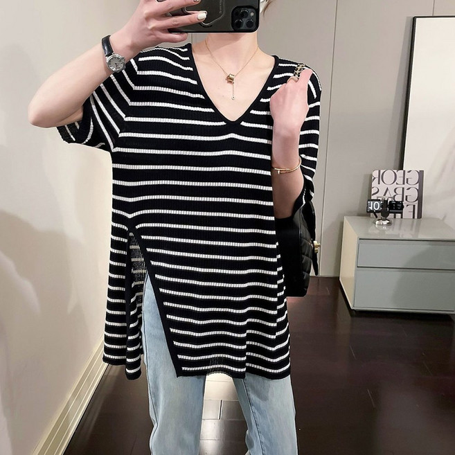 주디앤 여성 말리 오버핏 트임 스트라이프 반팔 티셔츠