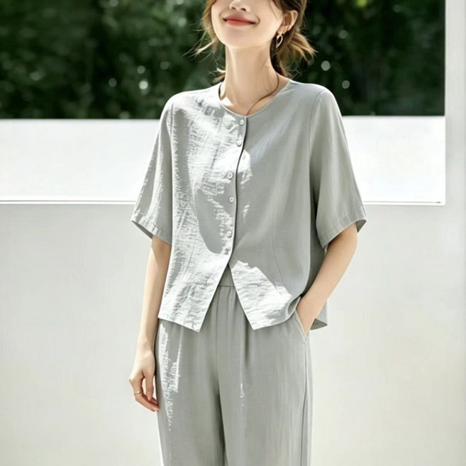 패션 정장 여성용 여름 카디건 반팔 상의 오피스룩 기질 데일리룩 빅사이즈 면마 패션 일자 바지 투피스